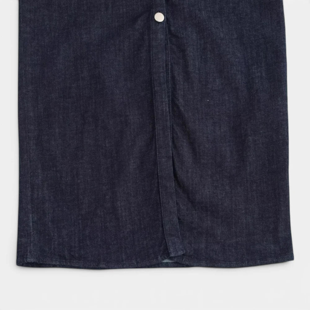 Robe Midi en Denim Boutonnée à Manches Courtes