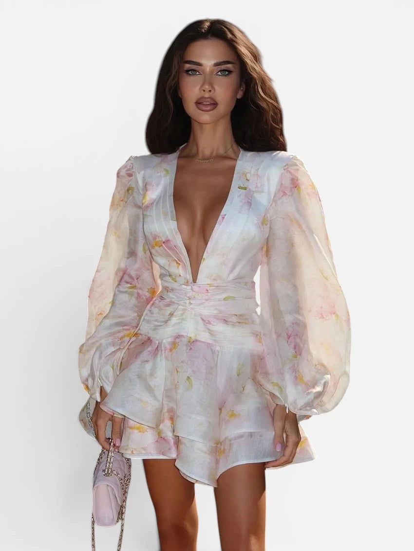 Robe Courte Fleurie à Col V et Manches Bouffantes
