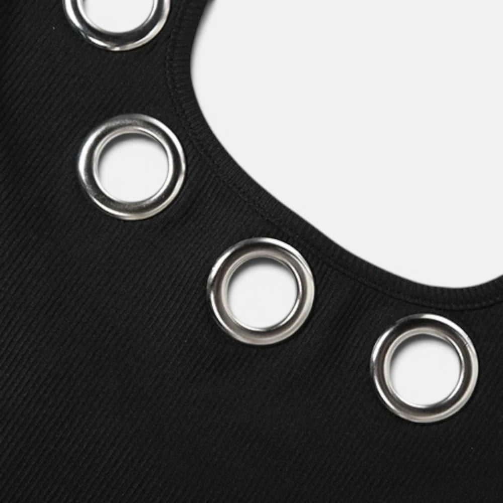 Mini Robe Noire Dos Nu à Œillets Métalliques