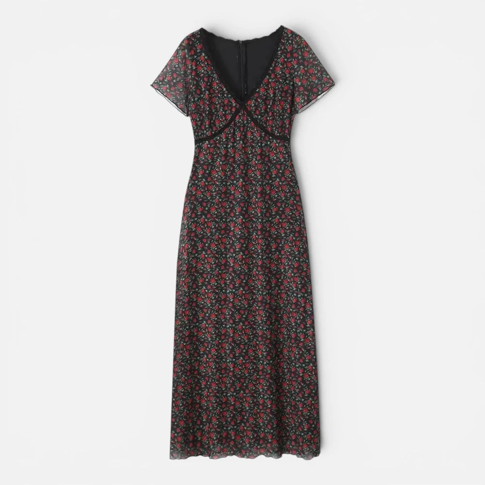Robe Longue Fleurie à Col en V et Manches Courtes