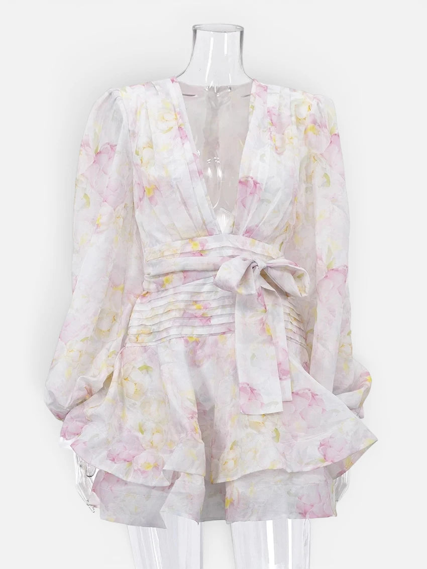 Robe Courte Fleurie à Col V et Manches Bouffantes
