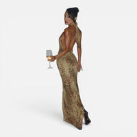 Robe de Soirée Longue Dos Nu Motif Léopard
