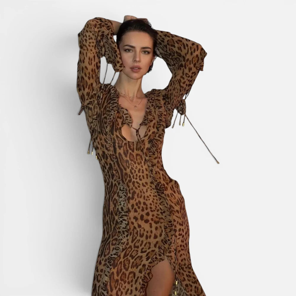 Robe de Soirée Fluide Motif Léopard avec Fente
