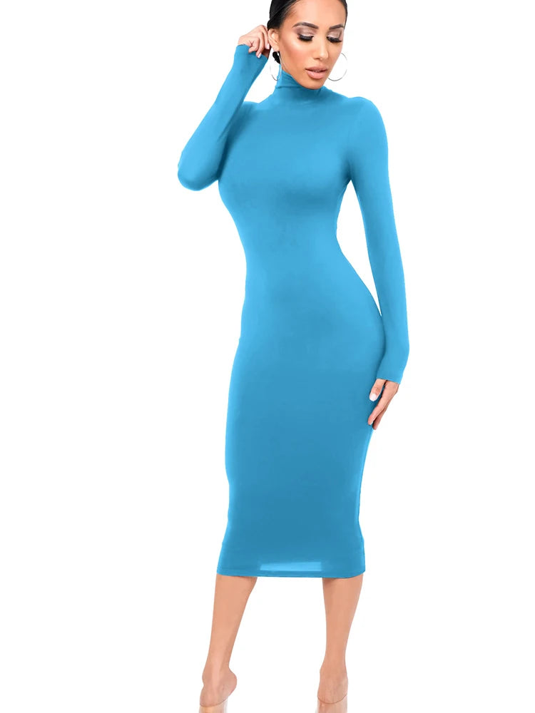 Robe Midi Moulante à Col Roulé et Manches Longues