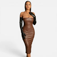 Robe Midi Bustier en Simili-Cuir Coupe Crayon