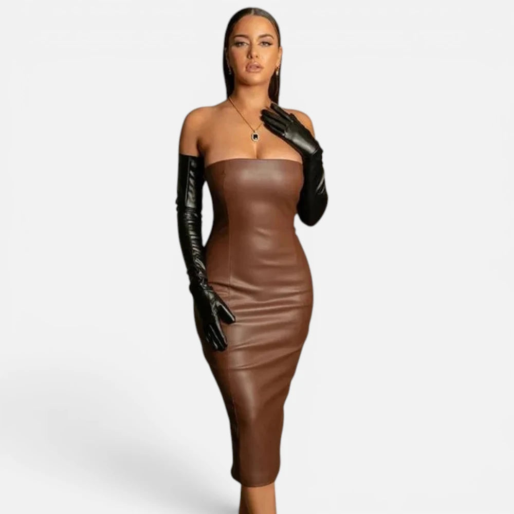 Robe Midi Bustier en Simili-Cuir Coupe Crayon