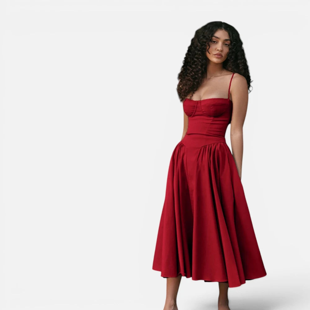 Robe Midi Évasée Style Vintage à Bustier et Plis