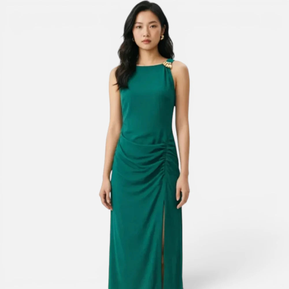 Robe Longue Verte Plissée avec Détail Doré