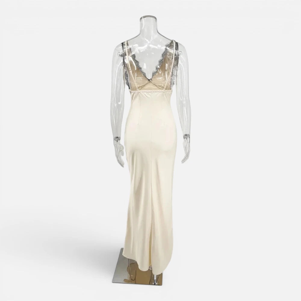 Robe Longue Satinée Beige avec Bustier en Dentelle Noire
