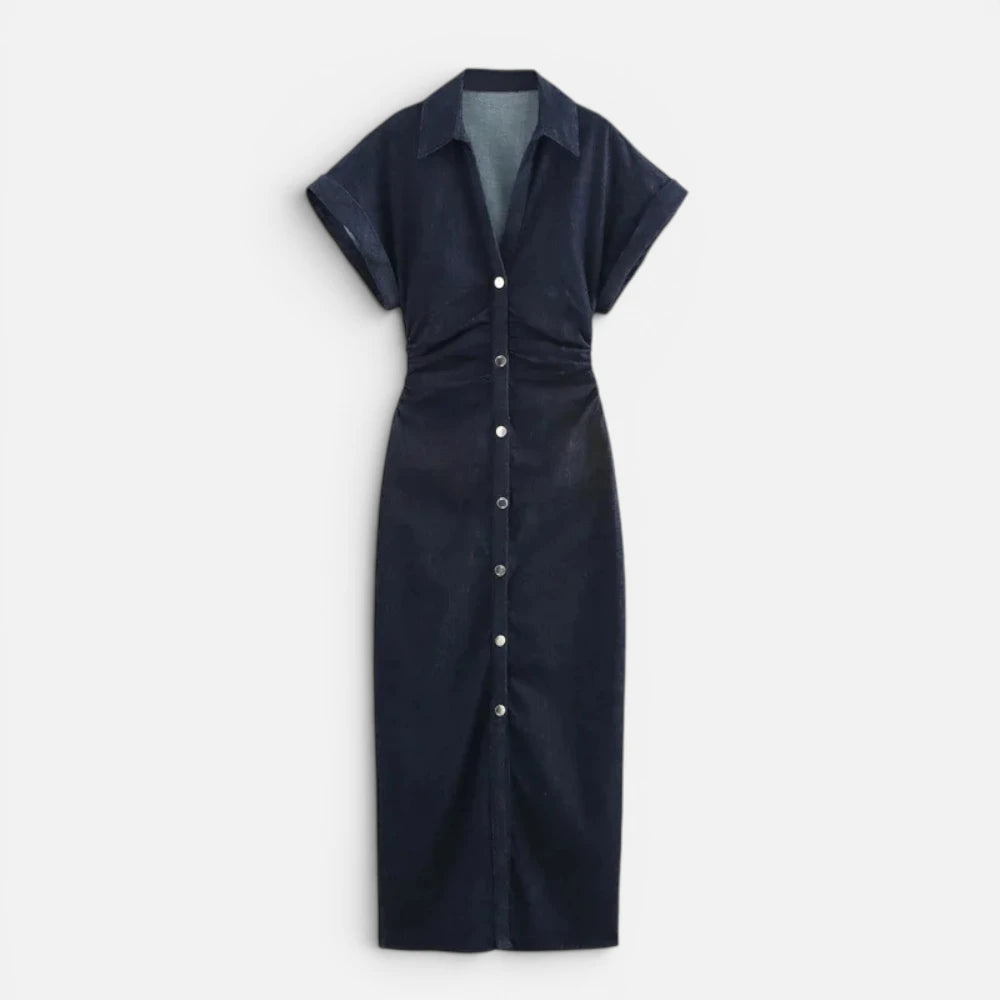 Robe Longue en Jean Ajustée à Boutons