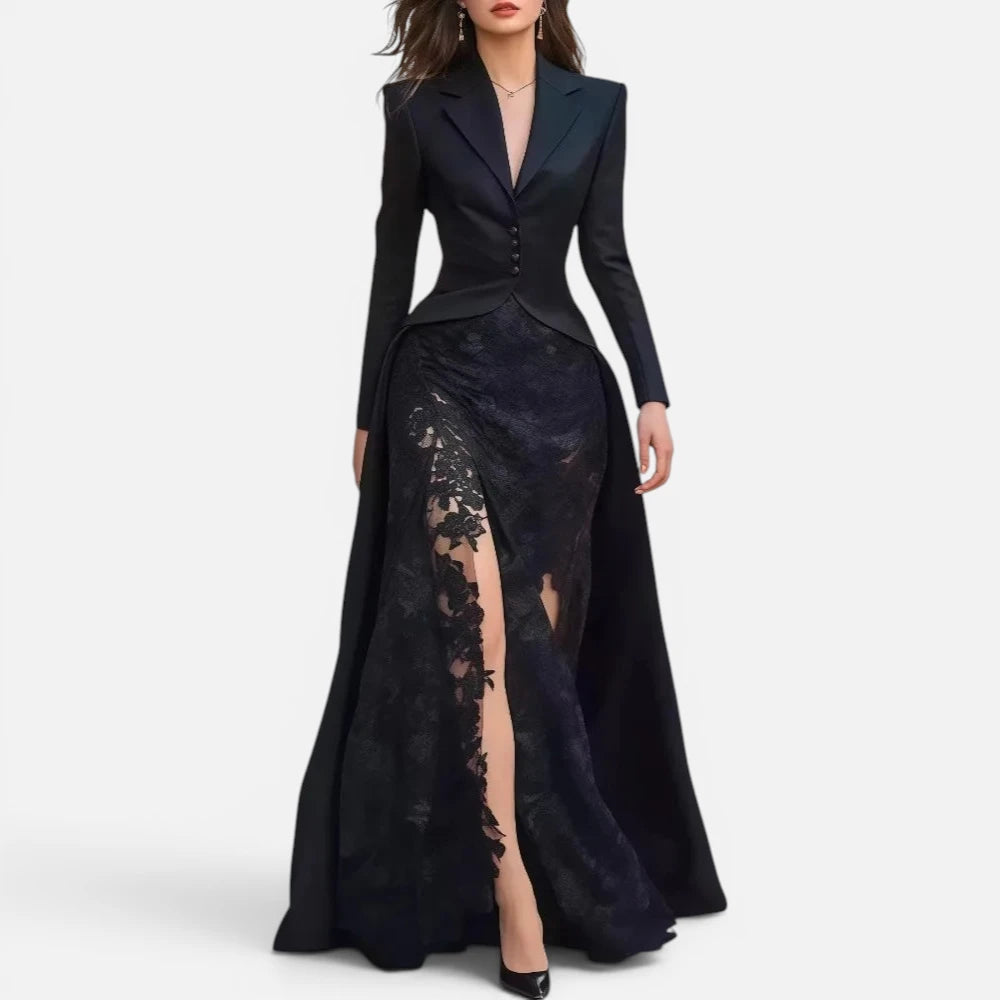 Robe Blazer Longue Ajustée à Manches Longues et Dentelle