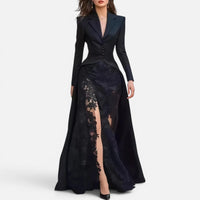 Robe Blazer Longue Ajustée à Manches Longues et Dentelle