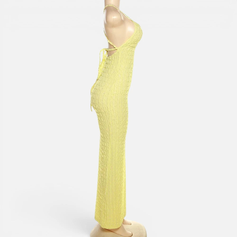 Robe Maxi Moulante Gaufrée à Fines Bretelles