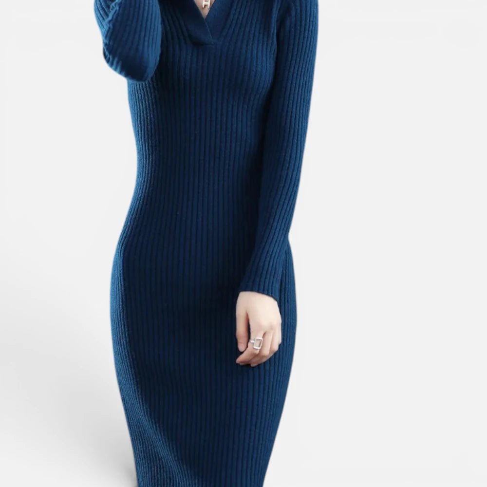 Robe Pull Longue en Maille Côtelée et Col Polo