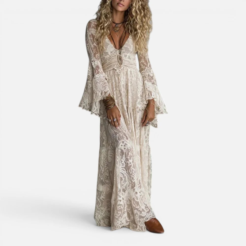 Robe Longue en Dentelle Bohème à Manches Évasées