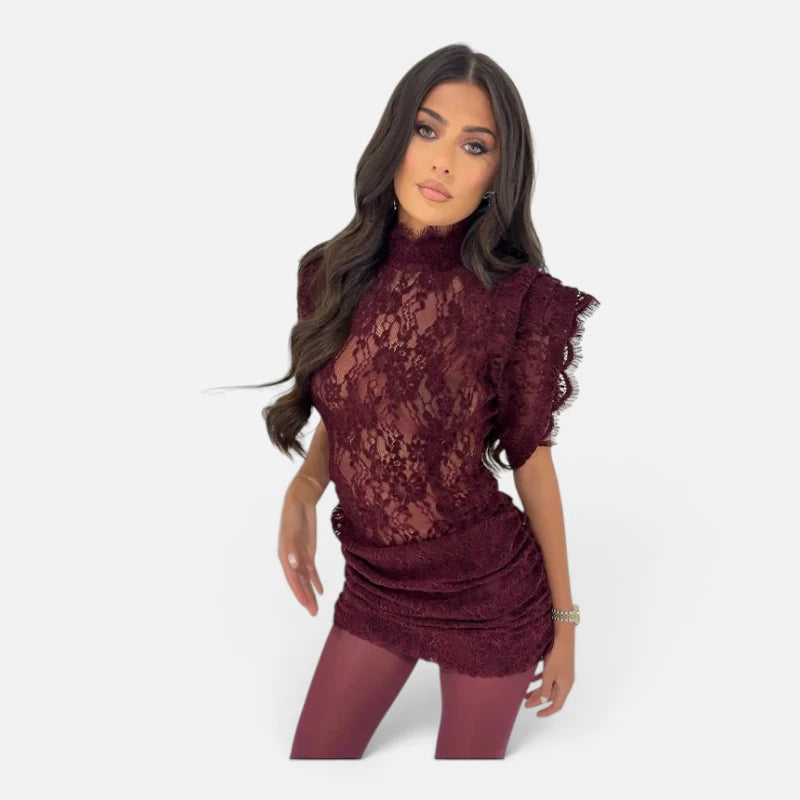 Robe de Soirée en Dentelle Transparente et Volants