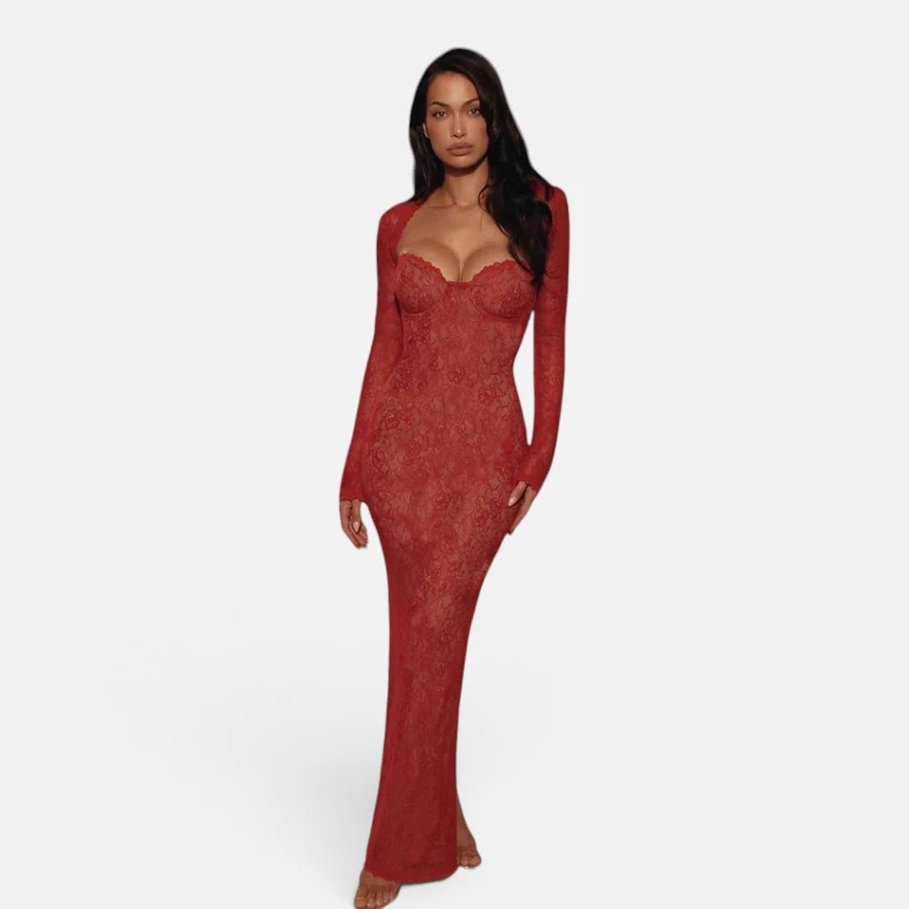 Robe  en Dentelle Moulante à Manches Longues