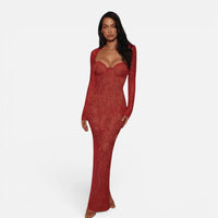 Robe  en Dentelle Moulante à Manches Longues
