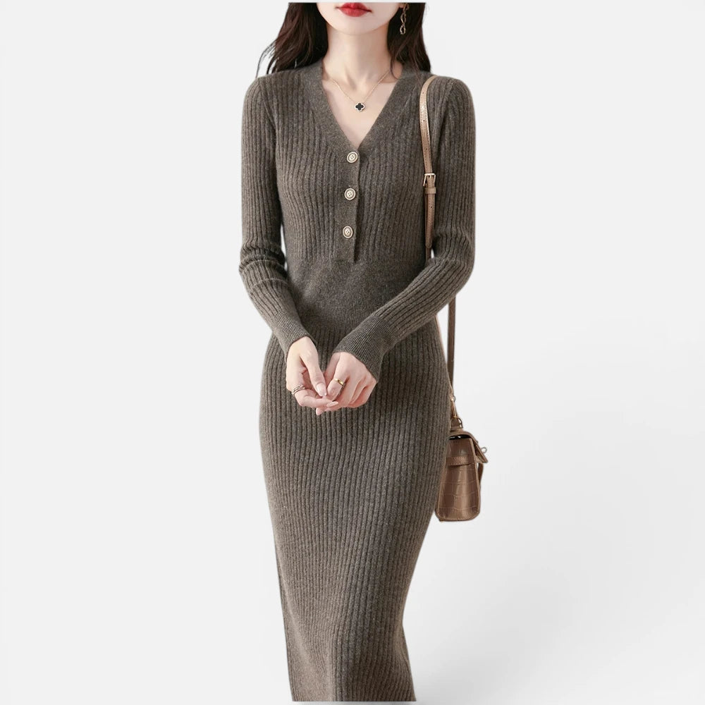 Robe Pull Mi-Longue en  Laine Mérinos Côtelée