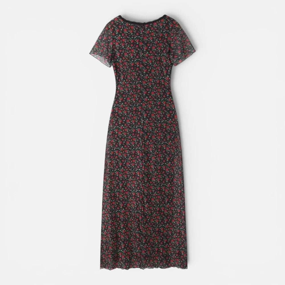 Robe Longue Fleurie à Col en V et Manches Courtes