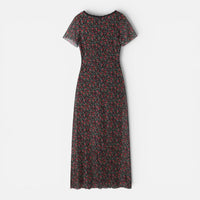 Robe Longue Fleurie à Col en V et Manches Courtes