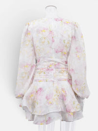 Robe Courte Fleurie à Col V et Manches Bouffantes