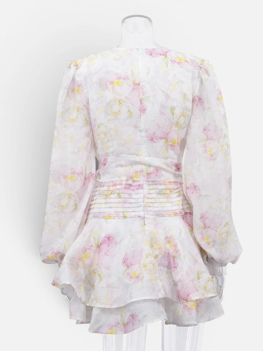 Robe Courte Fleurie à Col V et Manches Bouffantes