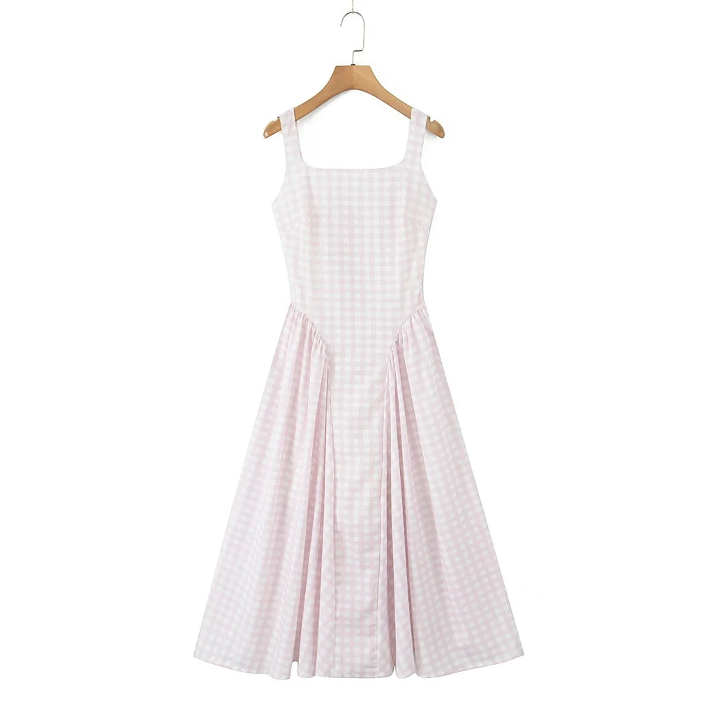 Robe Midi Évasée à Motif Vichy Rose et Blanc