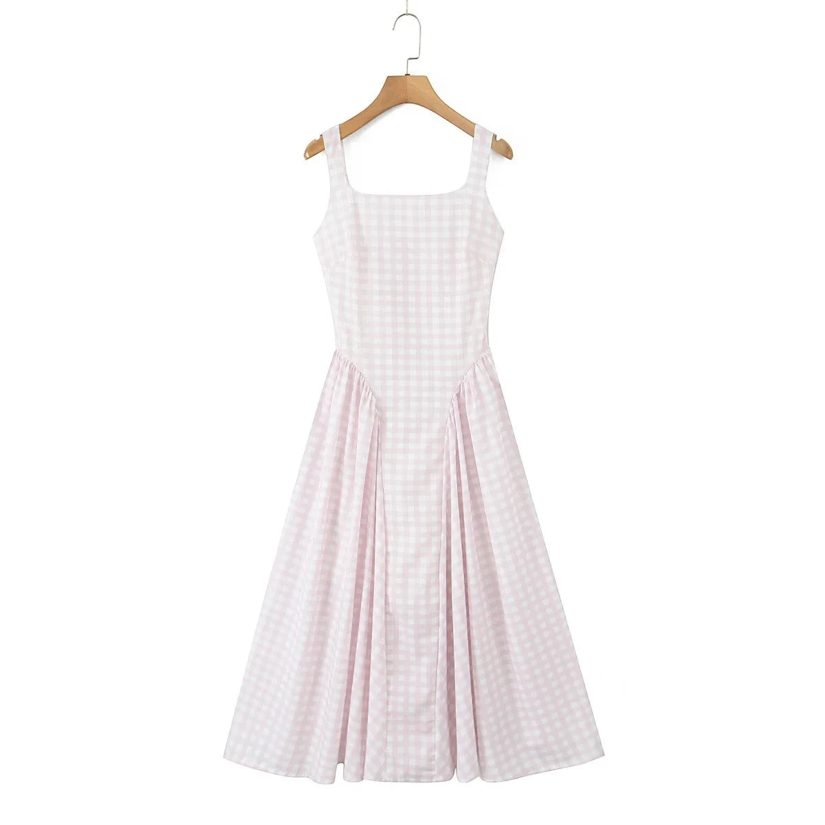 Robe Midi Évasée à Motif Vichy Rose et Blanc