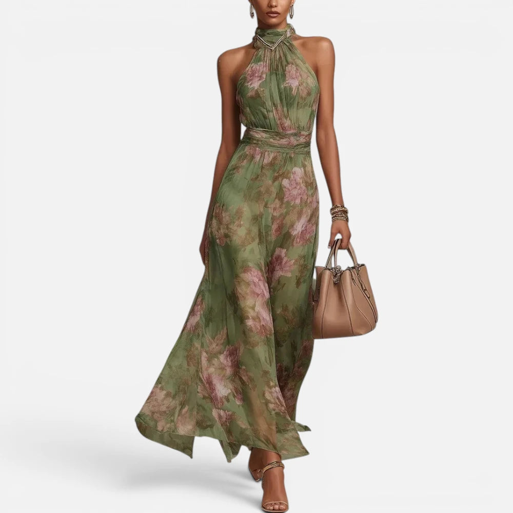 Robe Longue en Mousseline Fleurie à Col Halter