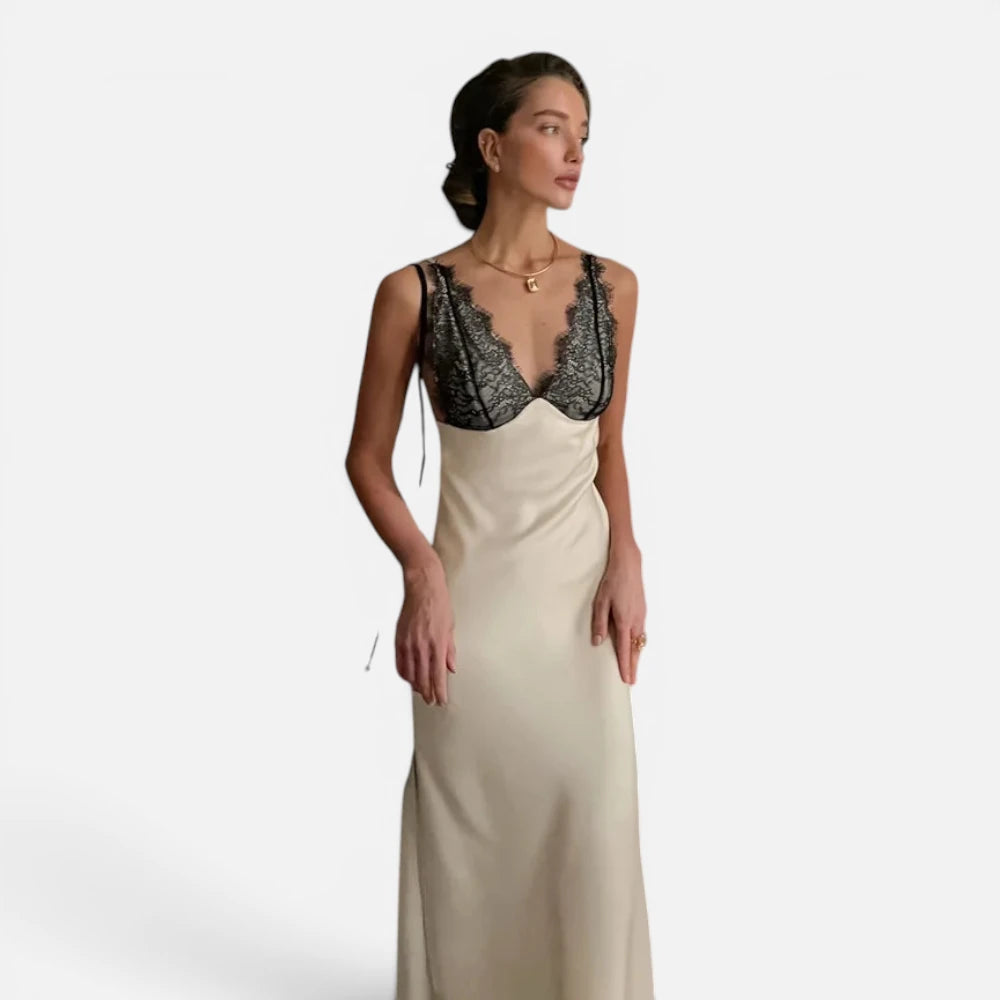 Robe Longue Satinée Beige avec Bustier en Dentelle Noire