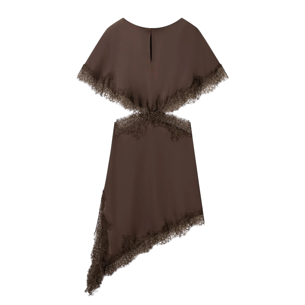 Robe Asymétrique en Satin Noir avec Dentelle et Cut-Out