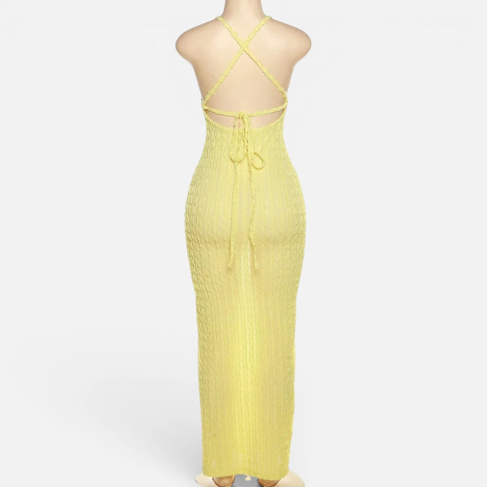 Robe Maxi Moulante Gaufrée à Fines Bretelles