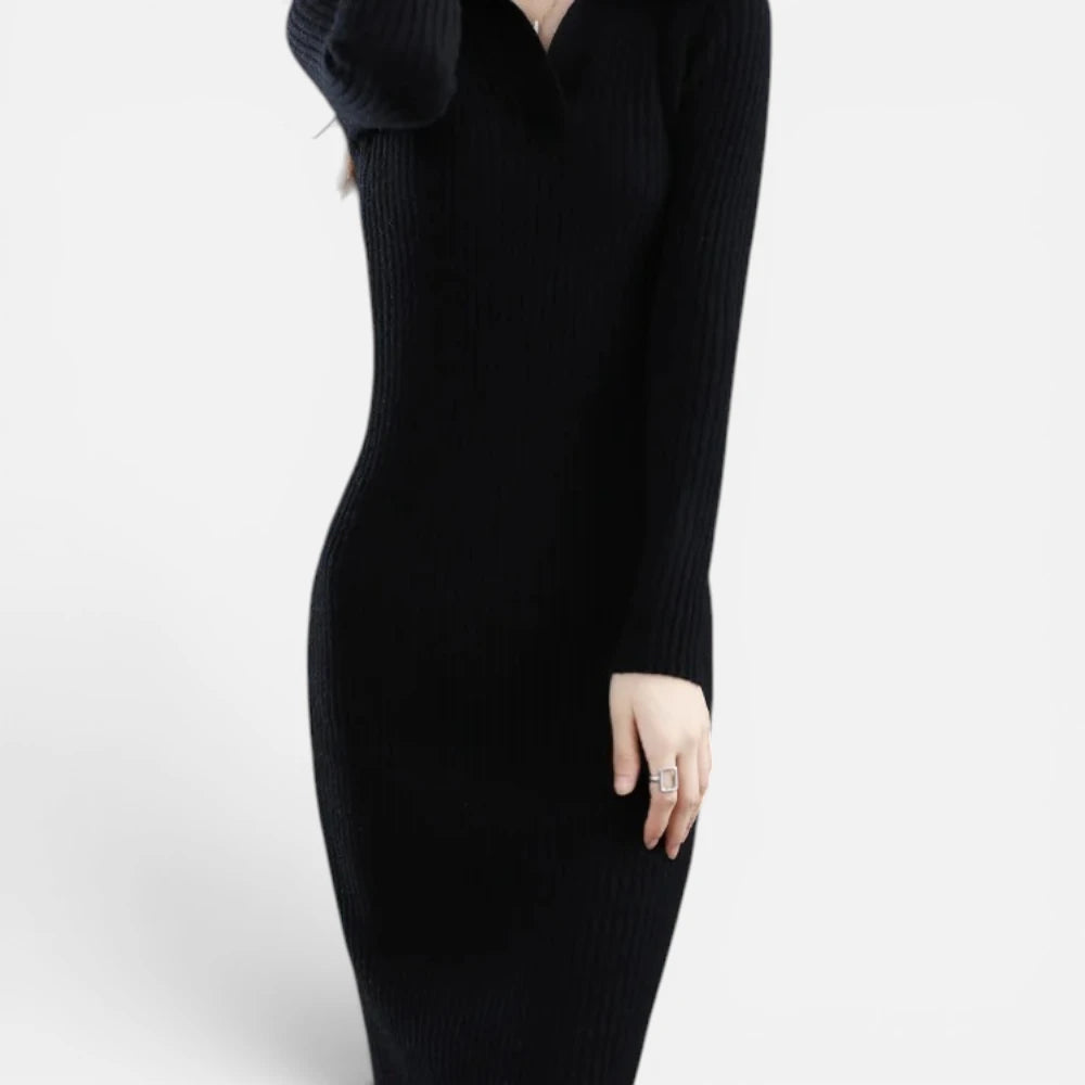 Robe Pull Longue en Maille Côtelée et Col Polo