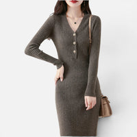 Robe Pull Mi-Longue en  Laine Mérinos Côtelée