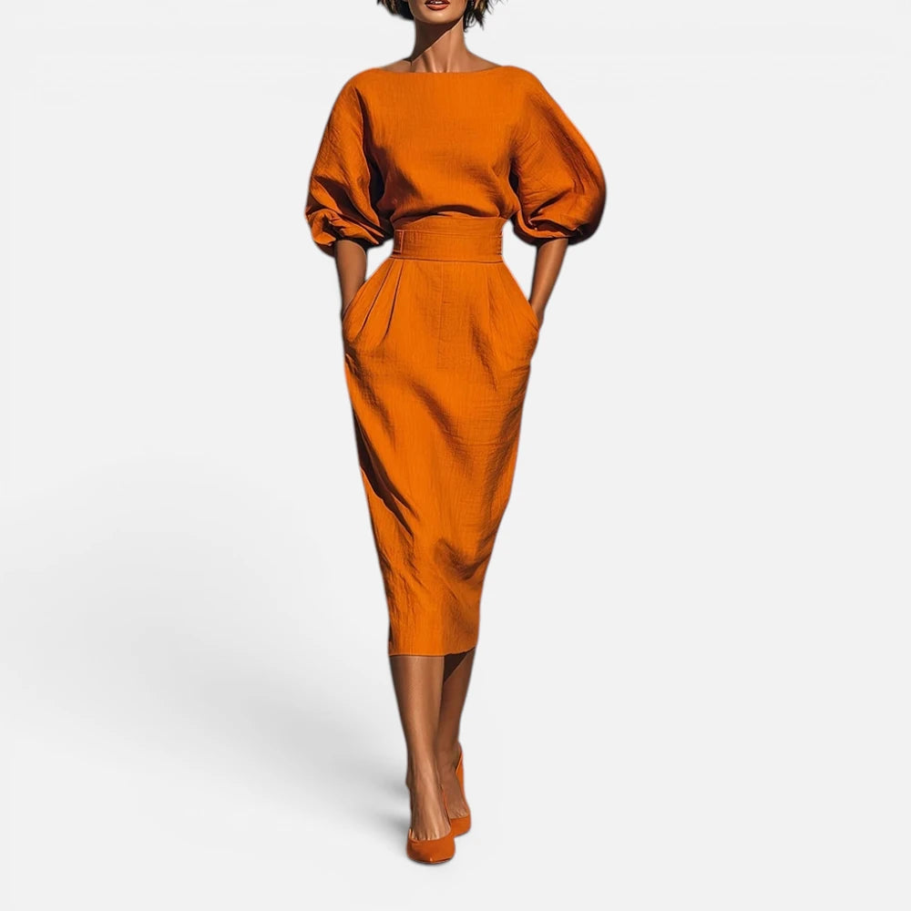Robe Midi Texturée à Manches Lanternes Bouffantes