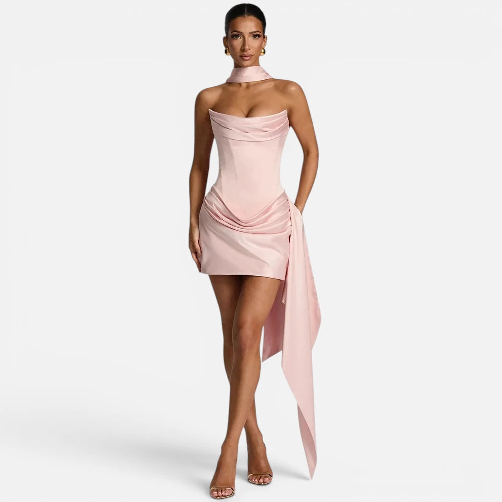 Robe de Soirée Courte à Corset et Drapé Satiné