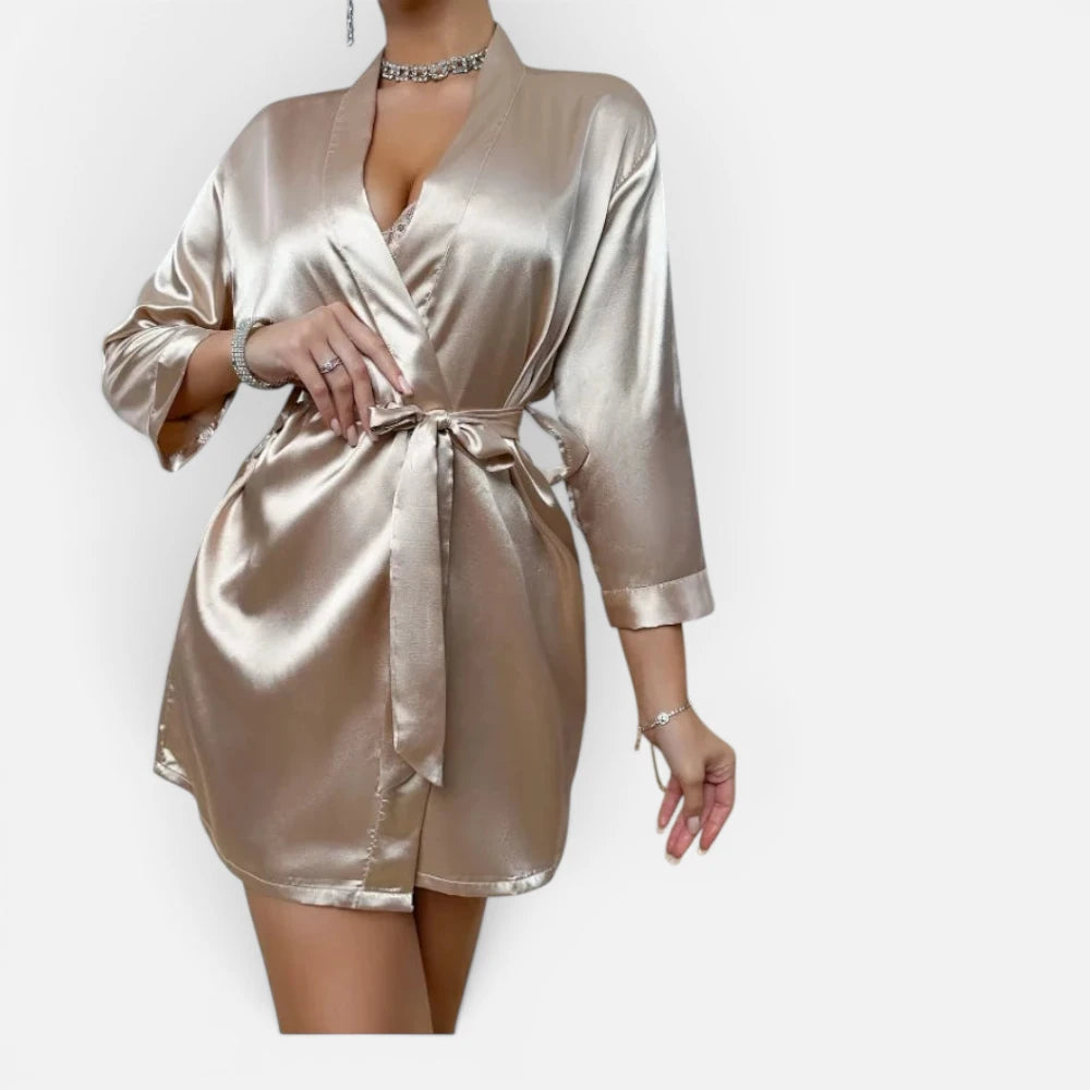 Robe de Chambre Courte en Satin Soyeux avec Ceinture
