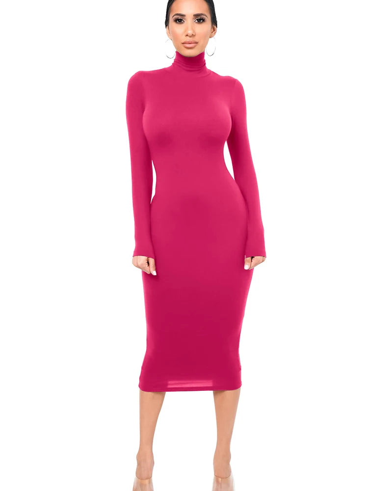 Robe Midi Moulante à Col Roulé et Manches Longues