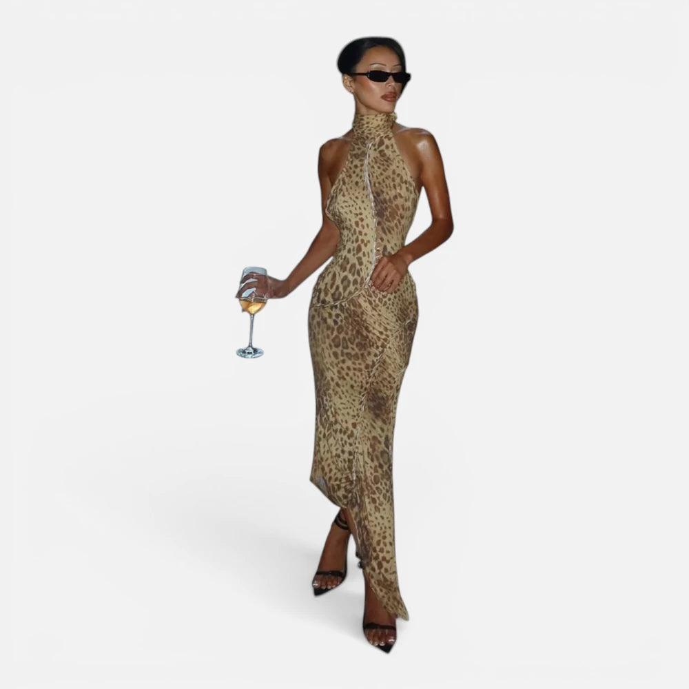 Robe de Soirée Longue Dos Nu Motif Léopard