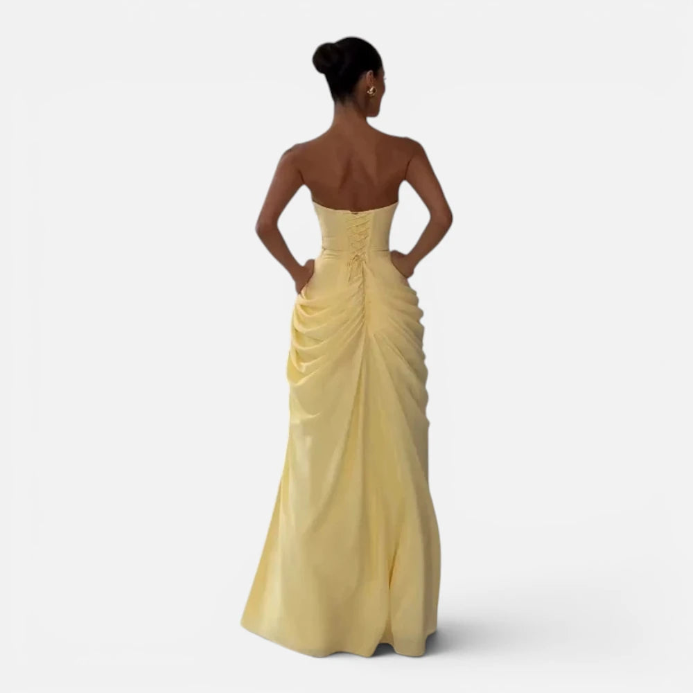 Robe Longue Bustier Plissée avec Fente Haute