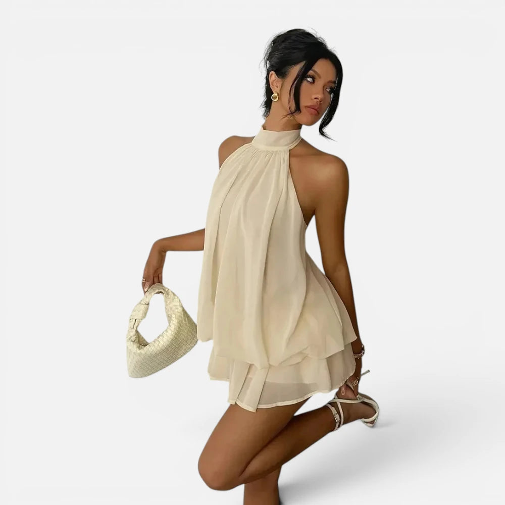 Mini Robe en Mousseline Fluide à Col Licou