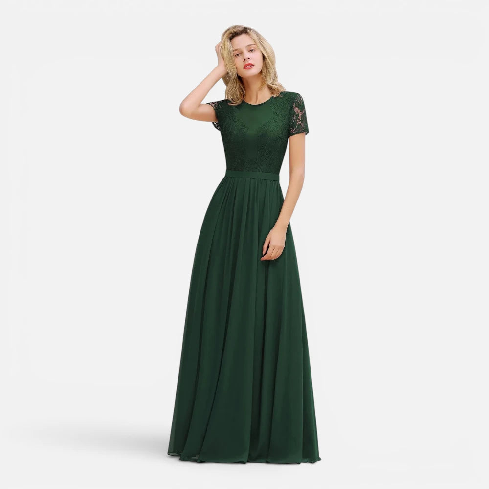 Robe de Demoiselle d'Honneur Longue en Mousseline et Dentelle