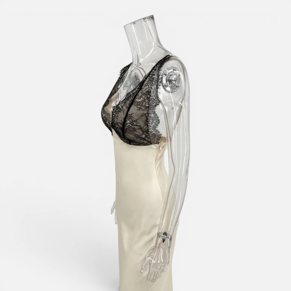 Robe Longue Satinée Beige avec Bustier en Dentelle Noire