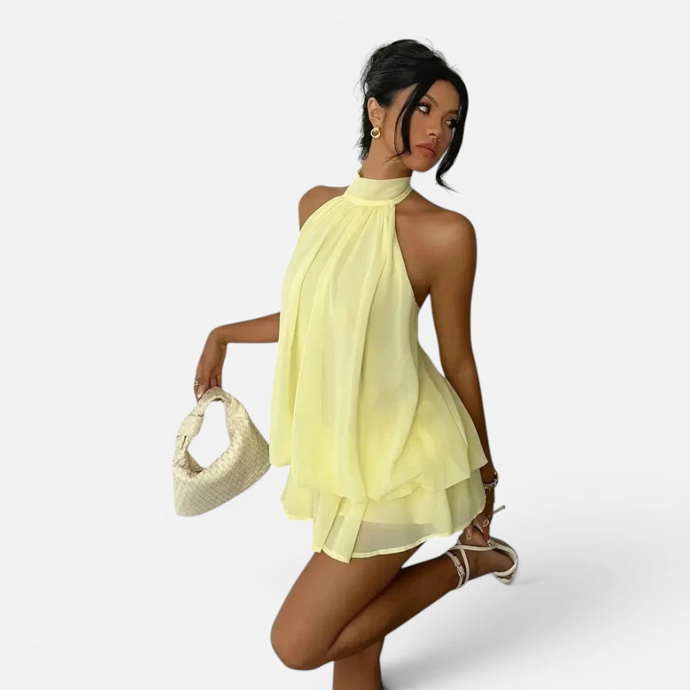 Mini Robe en Mousseline Fluide à Col Licou
