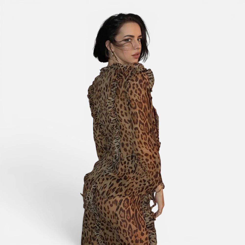 Robe de Soirée Fluide Motif Léopard avec Fente