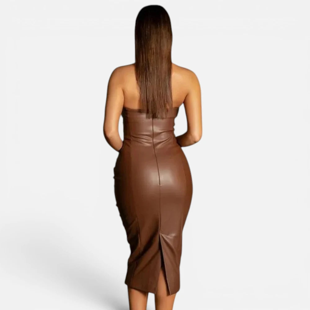 Robe Midi Bustier en Simili-Cuir Coupe Crayon
