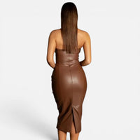 Robe Midi Bustier en Simili-Cuir Coupe Crayon