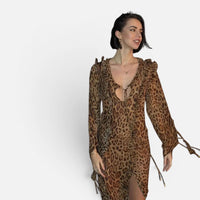 Robe de Soirée Fluide Motif Léopard avec Fente