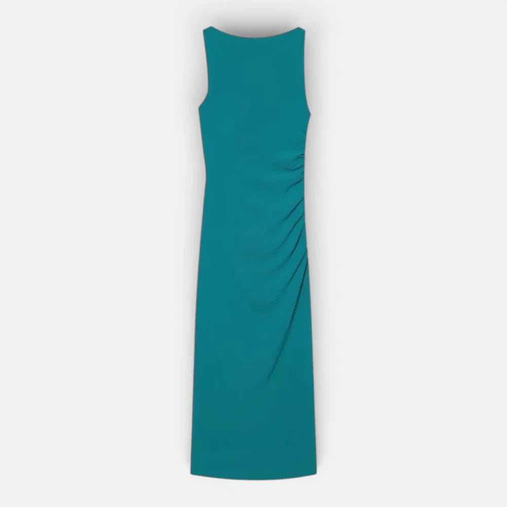 Robe Longue Verte Plissée avec Détail Doré